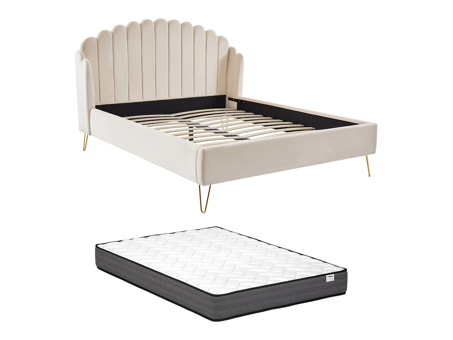 Cama 140x190 cm com cabeceira de cama ondulada veludo bege + colchão - SAGALI