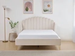 Cama 140x190 cm com cabeceira de cama ondulada veludo bege - SAGALI