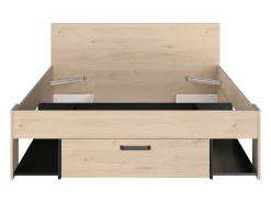 Cama 140x190/200 cm com cabeceira e espaços de arrumação natural e preto - KINSELIA