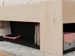 Cama 140x190/200 cm com cabeceira e espaços de arrumação natural e preto - KINSELIA