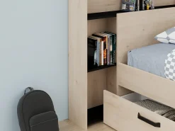 Cama 140x190/200 cm com cabeceira e espaços de arrumação natural e preto - KINSELIA