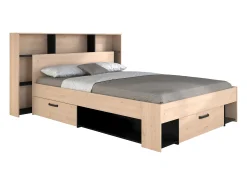 Cama 140x190/200 cm com cabeceira e espaços de arrumação natural e preto - KINSELIA