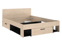 Cama 140x190/200 cm com espaços arrumação cor natural e preto + sommier + colchão KINSELIA