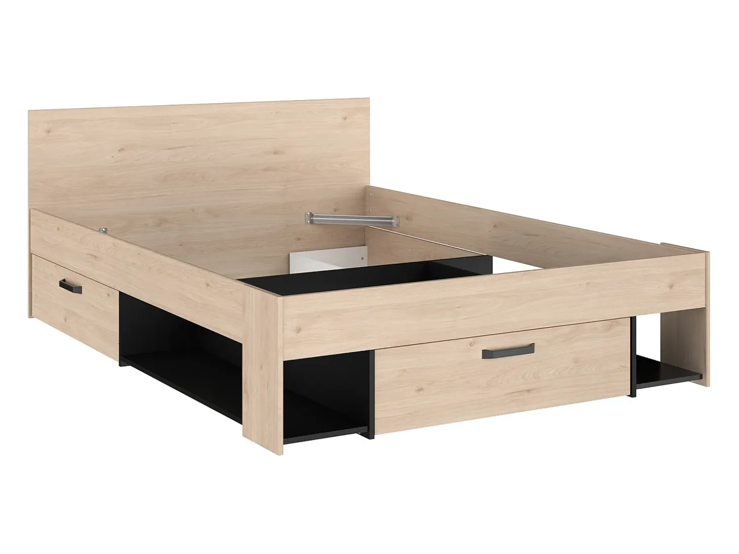 Cama 140x190/200 cm com espaços arrumação cor natural e preto + sommier + colchão KINSELIA