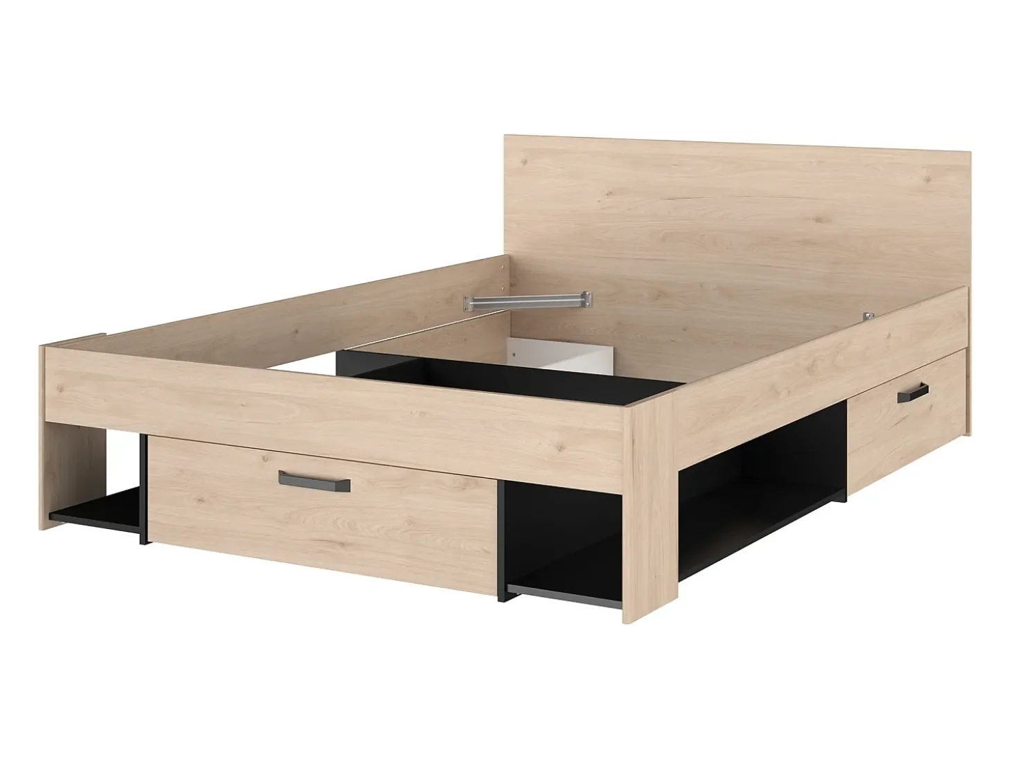 Cama 140x190/200 cm com espaços arrumação cor natural e preto + sommier + colchão KINSELIA