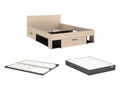 Cama 140x190/200 cm com espaços arrumação cor natural e preto + sommier + colchão KINSELIA