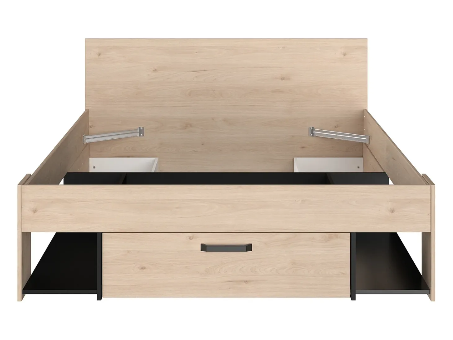 Cama 140x190/200 cm com espaços arrumação cor natural e preto + sommier + colchão KINSELIA
