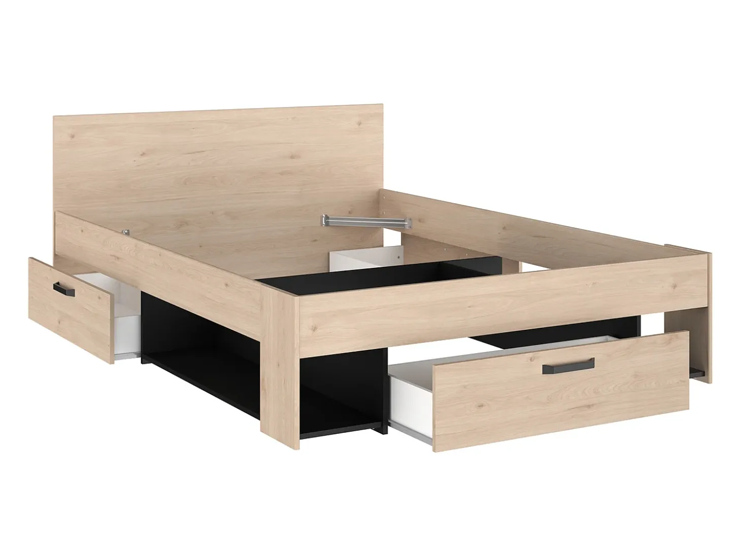 Cama 140x190/200 cm com espaços arrumação cor natural e preto + sommier + colchão KINSELIA