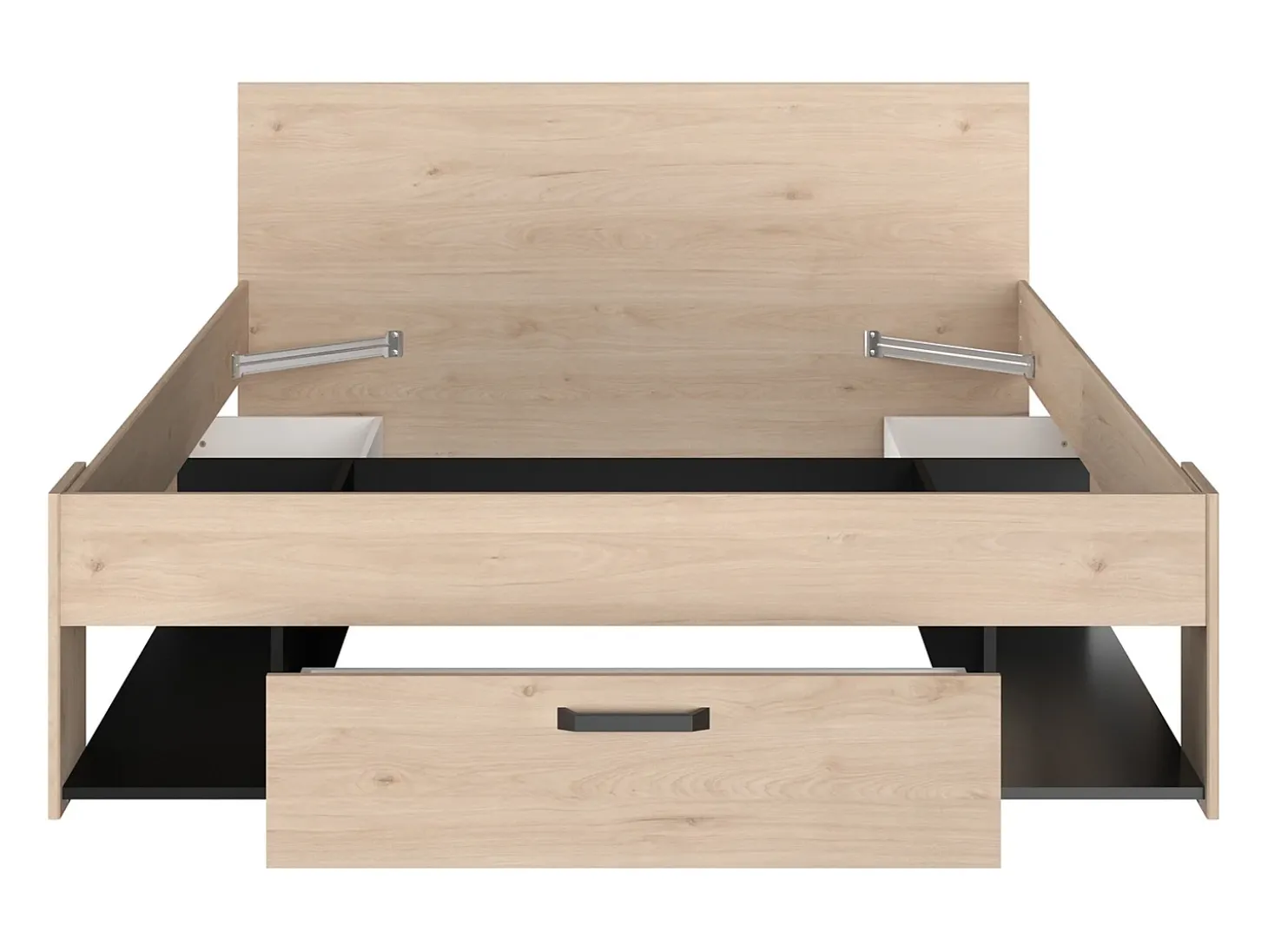 Cama 140x190/200 cm com espaços arrumação cor natural e preto + sommier + colchão KINSELIA