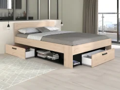 Cama 140x190/200 cm com espaços arrumação cor natural e preto + sommier + colchão KINSELIA