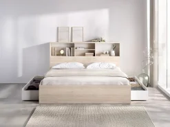 Cama 140x190 cm com espaços arrumação cor natural e branco + sommier + colchão - VARDIEL