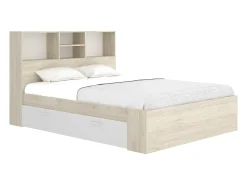 Cama 140x190 cm com espaços arrumação cor natural e branco + sommier + colchão - VARDIEL