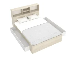 Cama 140x190 cm com espaços arrumação cor natural e branco + sommier + colchão - VARDIEL