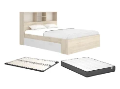 Cama 140x190 cm com espaços arrumação cor natural e branco + sommier + colchão - VARDIEL