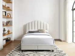 Cama 160x200 cm com gavetas em veludo branco marfim + colchão - ILISIO