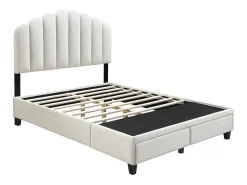 Cama 160x200 cm com gavetas em veludo branco marfim + colchão - ILISIO