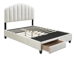 Cama 160x200 cm com gavetas em veludo branco marfim + colchão - ILISIO