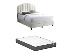 Cama 160x200 cm com gavetas em veludo branco marfim + colchão - ILISIO