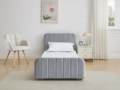 Cama 90x190 cm veludo com costuras verticais cinza - ROGADI