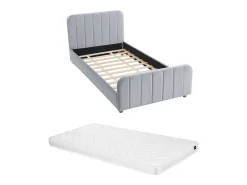 Cama 90x190 cm veludo com costuras verticais cinza + colchão - ROGADI