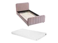 Cama 90x190 cm veludo com costuras verticais cor-de-rosa + colchão - ROGADI
