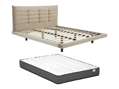 Cama 180x200 com cabeceira capitonê em veludo bege + colchão - NISATIO