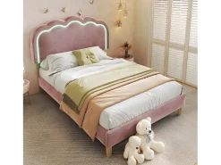 Cama 90x200cm estofada em veludo - com LED e base de ripas - Rosa