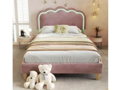 Cama 90x200cm estofada em veludo - com LED e base de ripas - Rosa