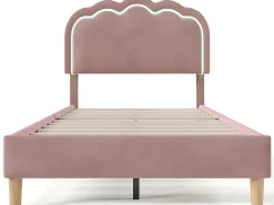 Cama 90x200cm estofada em veludo - com LED e base de ripas - Rosa