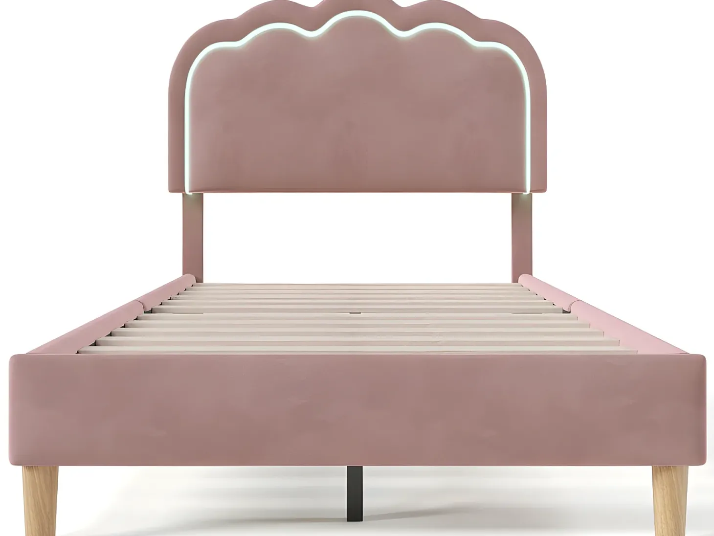 Cama 90x200cm estofada em veludo - com LED e base de ripas - Rosa