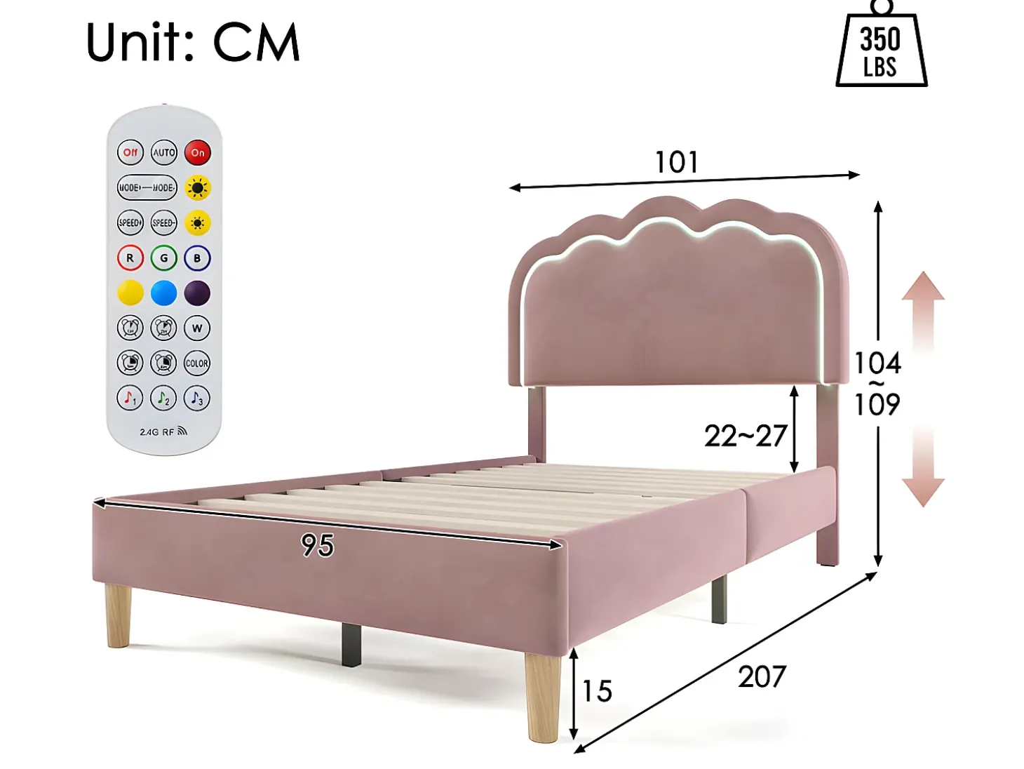 Cama 90x200cm estofada em veludo - com LED e base de ripas - Rosa