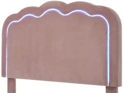 Cama 90x200cm estofada em veludo - com LED e base de ripas - Rosa