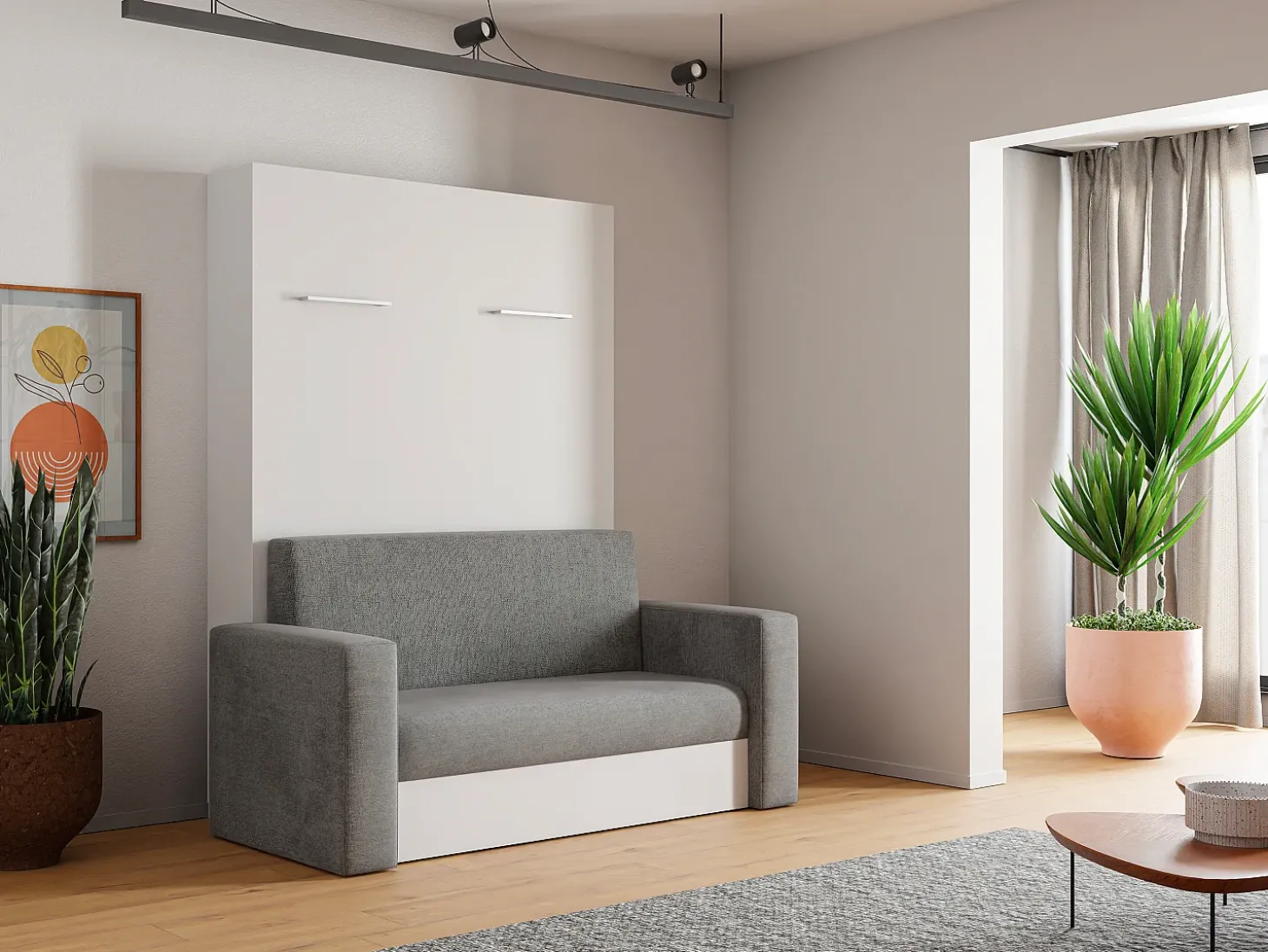 Cama-armário rebatível com sofá 140 x 200 cm branco e cinza + colchão - VACIALA II