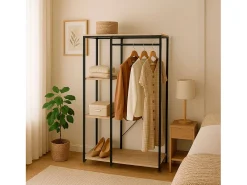 Camarim aberto com 3 prateleiras e cabide, madeira clara/preto, 90x167x40 cm