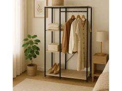 Camarim aberto com 3 prateleiras e cabide, madeira clara/preto, 90x167x40 cm