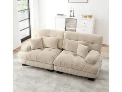 Canapé de canto Cloud, chenille, com 2 almofadas lombares e 2 almofadas decorativas, estrutura em madeira maciça, bege
