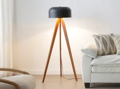 Candeeiro de pé tripé em madeira de seringueira e metal D.42 x A.145 cm - Natural e preto - PAVICO