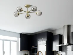 Candeeiro em metal e vidro fumado brilhante, 5 globos, D58,5xA81 cm dourado - SOFIA