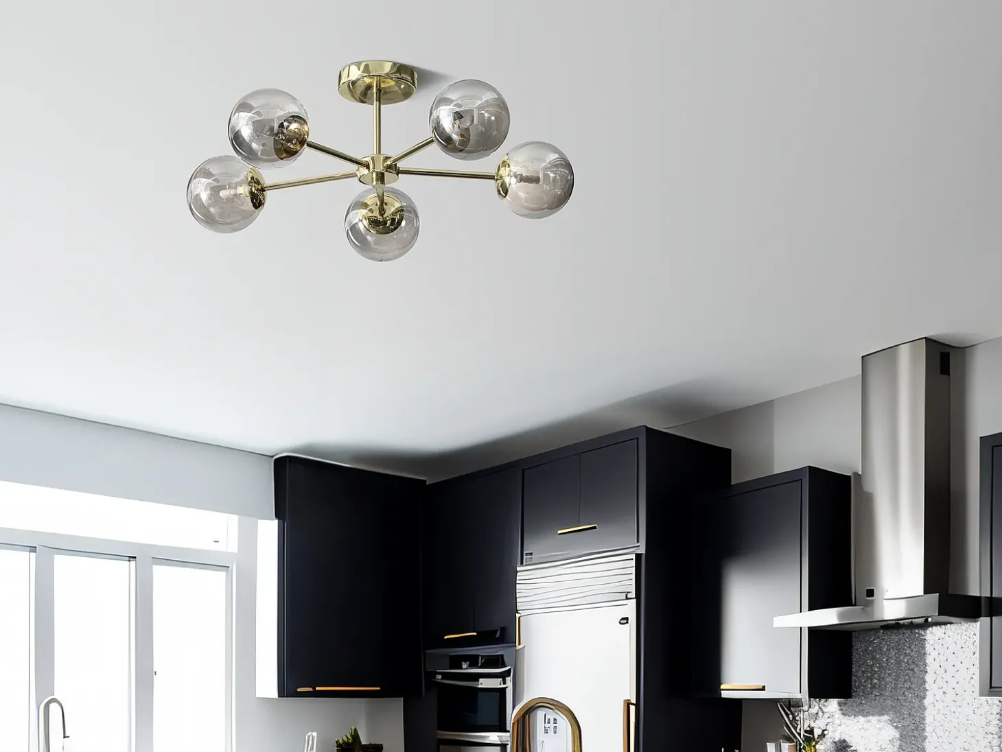 Candeeiro em metal e vidro fumado brilhante, 5 globos, D58,5xA81 cm dourado - SOFIA