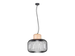 Candeeiro suspenso Gabbia industrial, aço/madeira - 1 lichtbronnen - L.35 x H.183 cm - madeira preta/natural