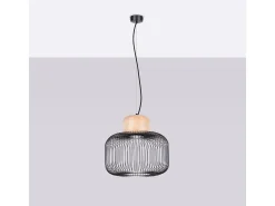Candeeiro suspenso Gabbia industrial, aço/madeira - 1 lichtbronnen - L.35 x H.183 cm - madeira preta/natural
