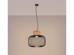 Candeeiro suspenso Gabbia industrial, aço/madeira - 1 lichtbronnen - L.35 x H.183 cm - madeira preta/natural