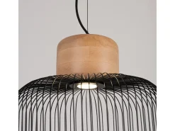 Candeeiro suspenso Gabbia industrial, aço/madeira - 1 lichtbronnen - L.35 x H.183 cm - madeira preta/natural