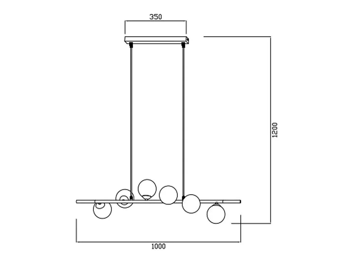 Candelabro em metal e vidro com 6 globos, L. 100 x P. 24,5 cm - Dourado brilhante, INUNTA