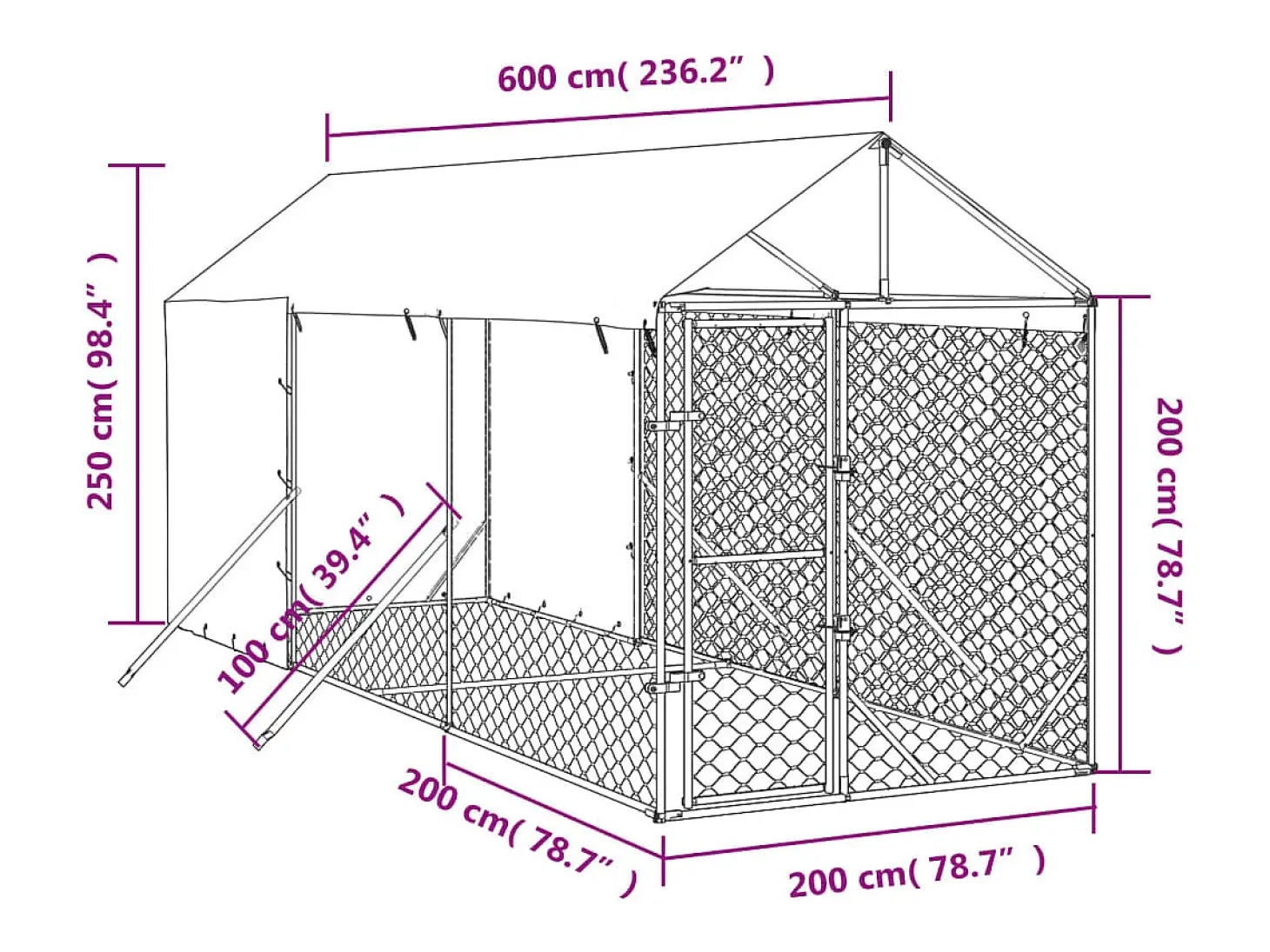Canil/gaiola/recinto/kit para animais de exterior com telhado prateado 2 x 6 x 2,5 m Prata 02_0041897