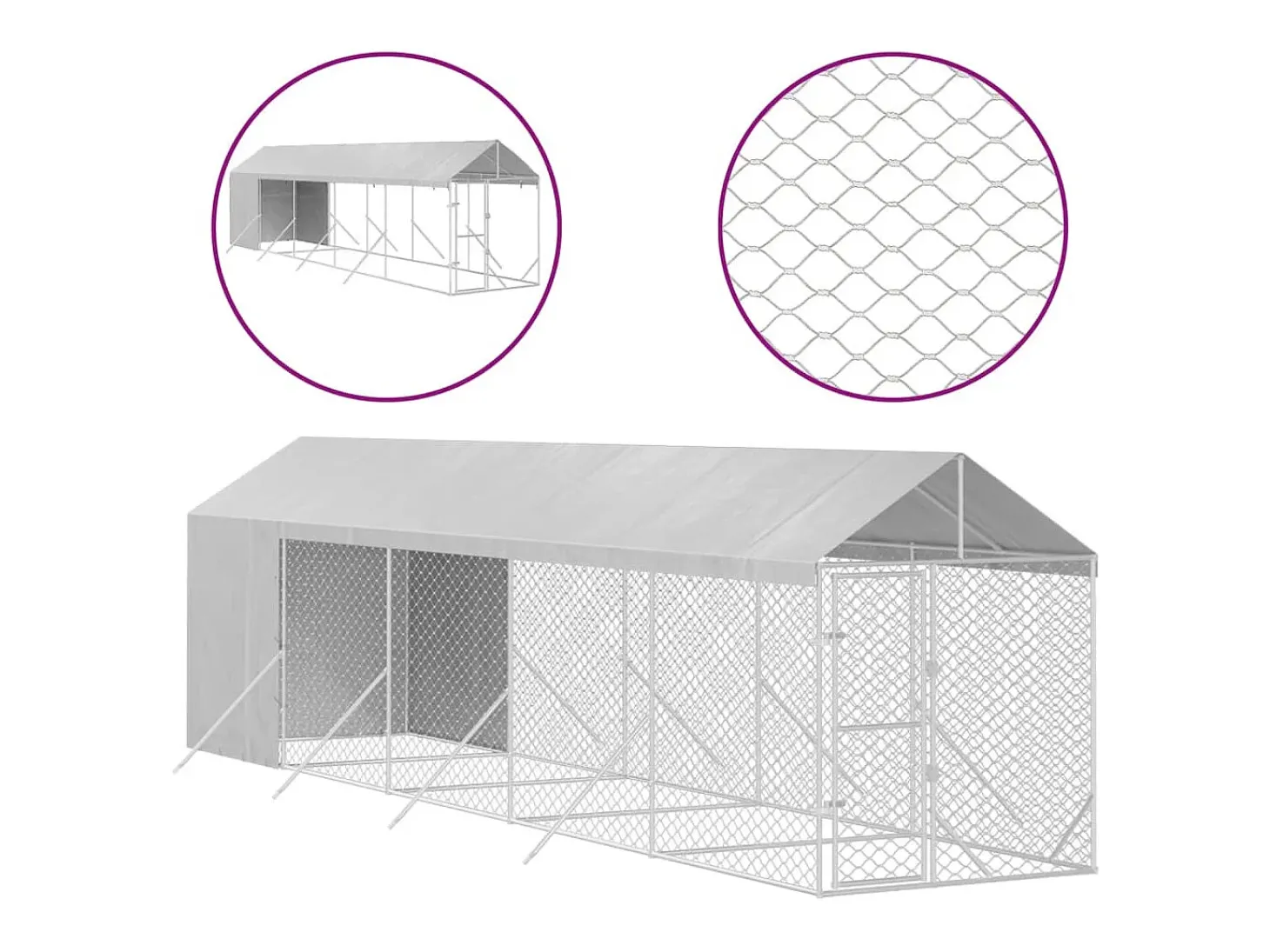 Canil/gaiola/recinto/pacote para animais de exterior com telhado prateado 2 x 10 x 2,5 m Prata 02_0041894