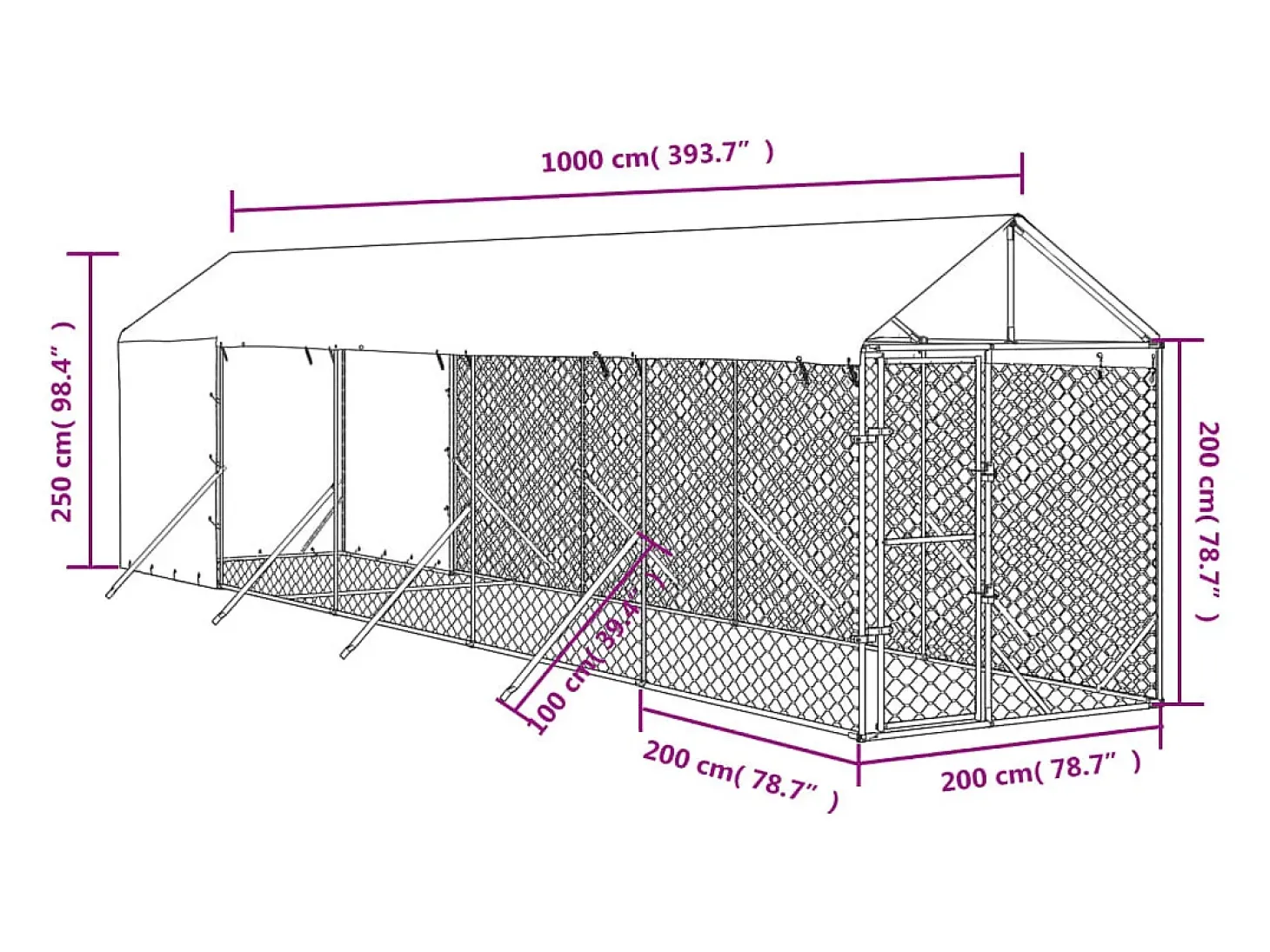 Canil/gaiola/recinto/pacote para animais de exterior com telhado prateado 2 x 10 x 2,5 m Prata 02_0041894