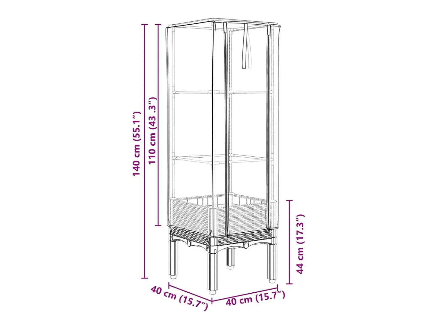 Canteiro/jardineira elevada com cobertura em imitação de rattan 40 x 40 x 140 cm marrom 02_0038777