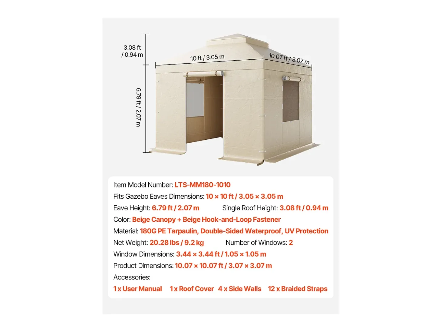 Capa de Gazebo Inverno SucceBuy, 3,05 x 3,05 m, Cobertura para Gazebo com Teto Rígido Duplo, com Paredes Laterais, Janelas de Rede, Material PE Alta Densidade
