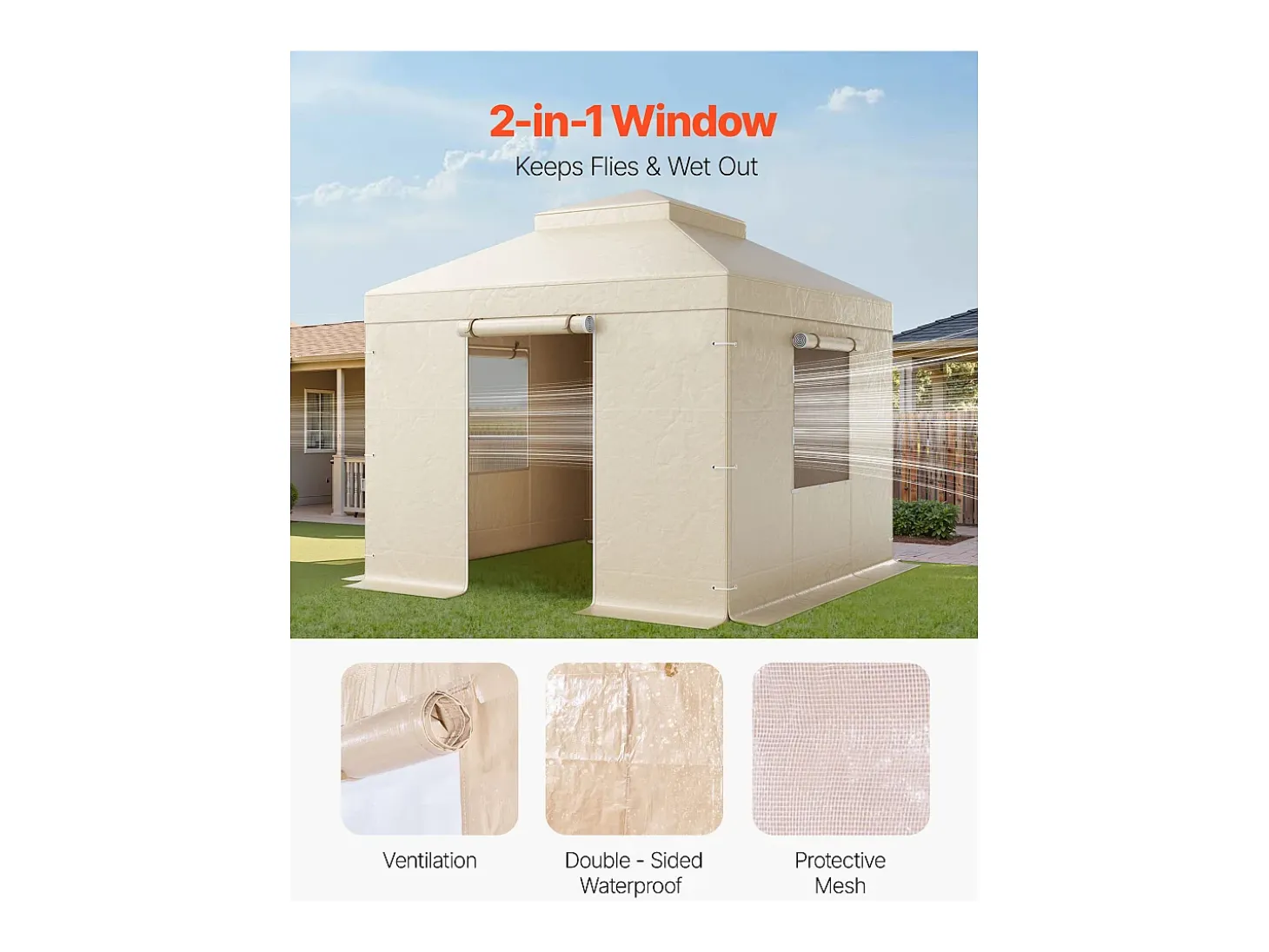 Capa de Gazebo Inverno SucceBuy, 3,05 x 3,05 m, Cobertura para Gazebo com Teto Rígido Duplo, com Paredes Laterais, Janelas de Rede, Material PE Alta Densidade